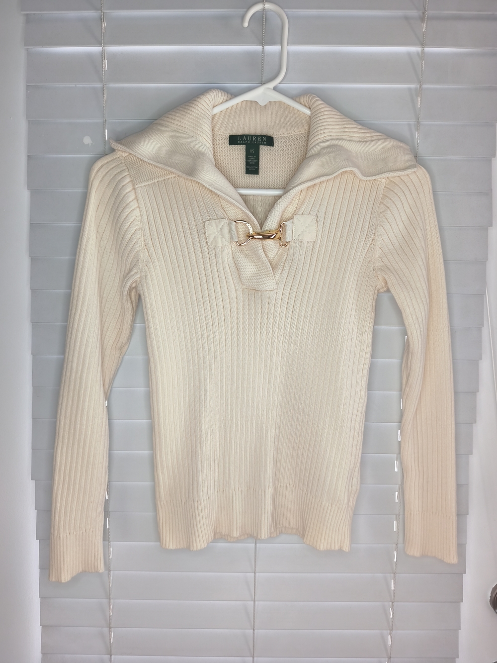 Lauren Ralph Lauren Cream Ribbed Knit Sweater Gold Horsebit Women's Size XS